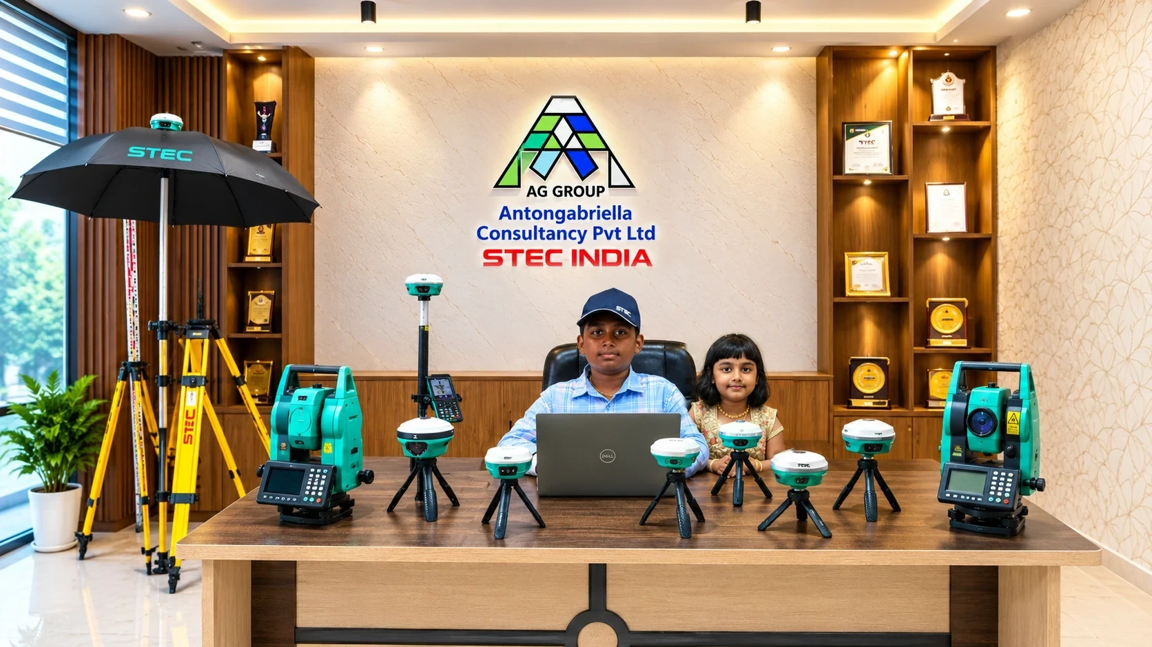 STEC India office with GNSS receivers and total stations on the desk, STEC tripods and umbrella, and award plaques on the shelves